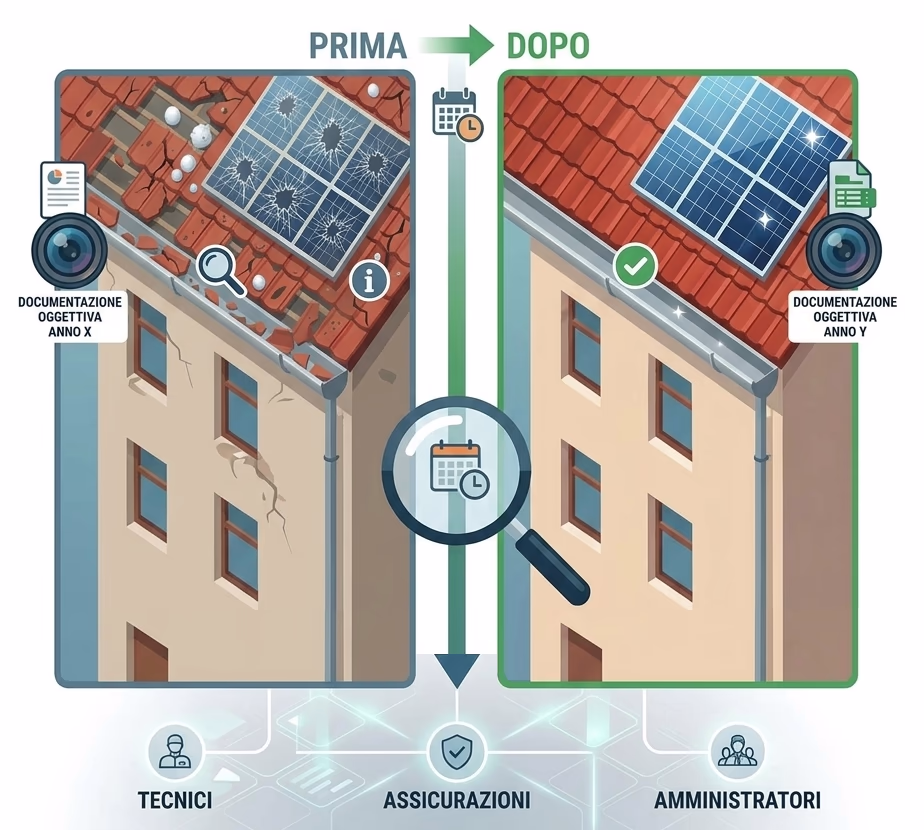 Infografica rilievo comparativo con drone: confronto prima e dopo danni da grandine su tetto e fotovoltaico